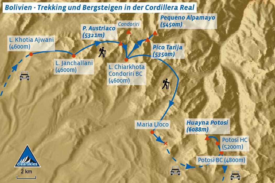 Übersicht des Trek in der Cordillera Real mit Besteigung des Huayna Potosi (6088 m)