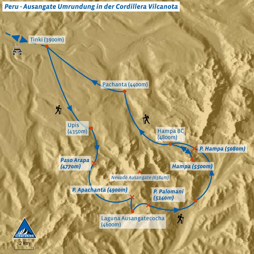 Übersicht des Trekking im Auslangte Massiv mit Besteigung des Tampa (5800 m)