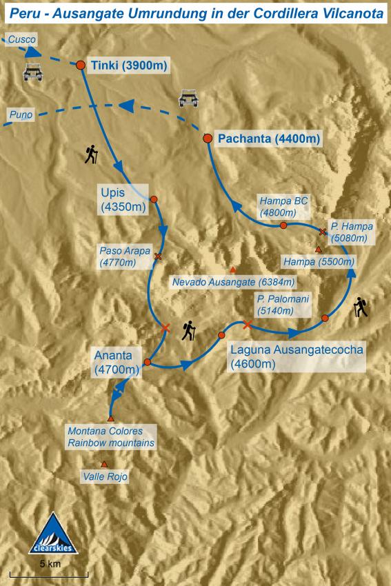 Karte der Trekkingtour im Ausangate Massiv mit Rainbow Mountains
