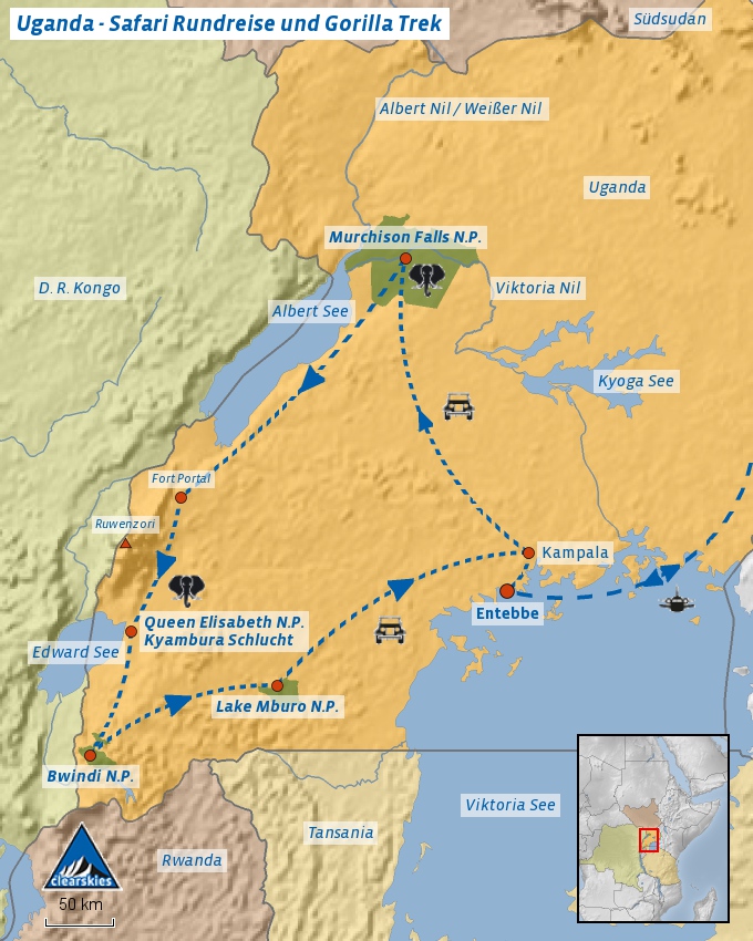 Übersichtskarte der Safari in Uganda mit Gorilla Trekking